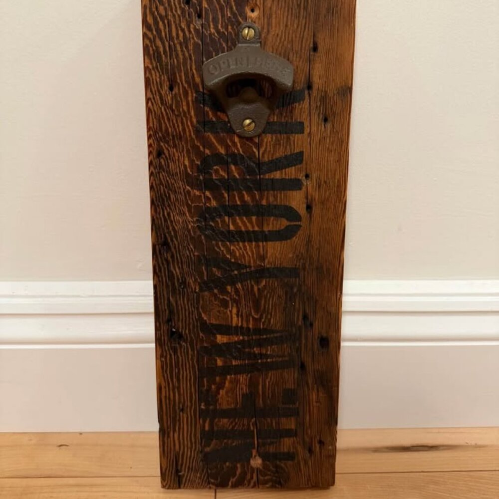 Wall Mounted Beer Bottle Opener - "New York" on Distressed Wood